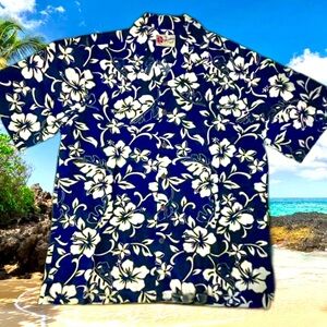 Mens L Hawaiian Shirt Hilo Hattie Hibiscus Aloha Navy NWOT Made in HI